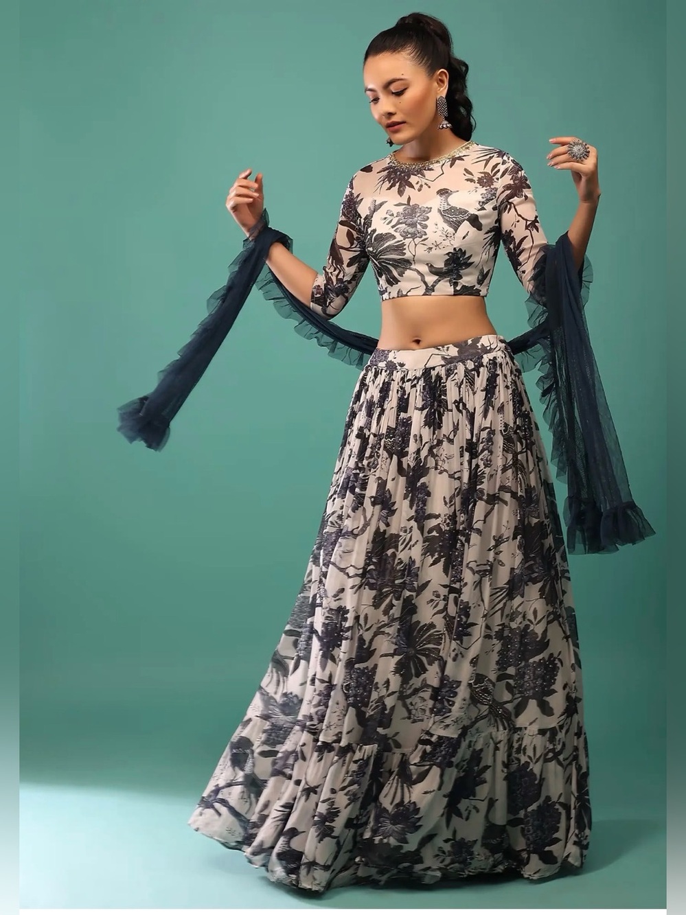 Women's Navy Floral Printed Lehenga